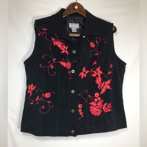 Tanjay Womens Black Vest Red Embroidery Sz 14 - Picture 1 of 8